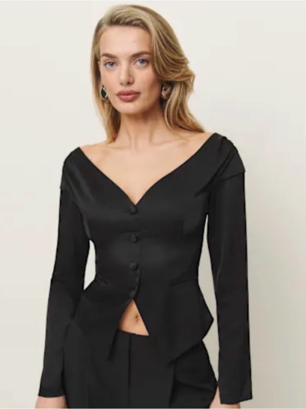 Reformation Black Off-Shoulder Button Front Top